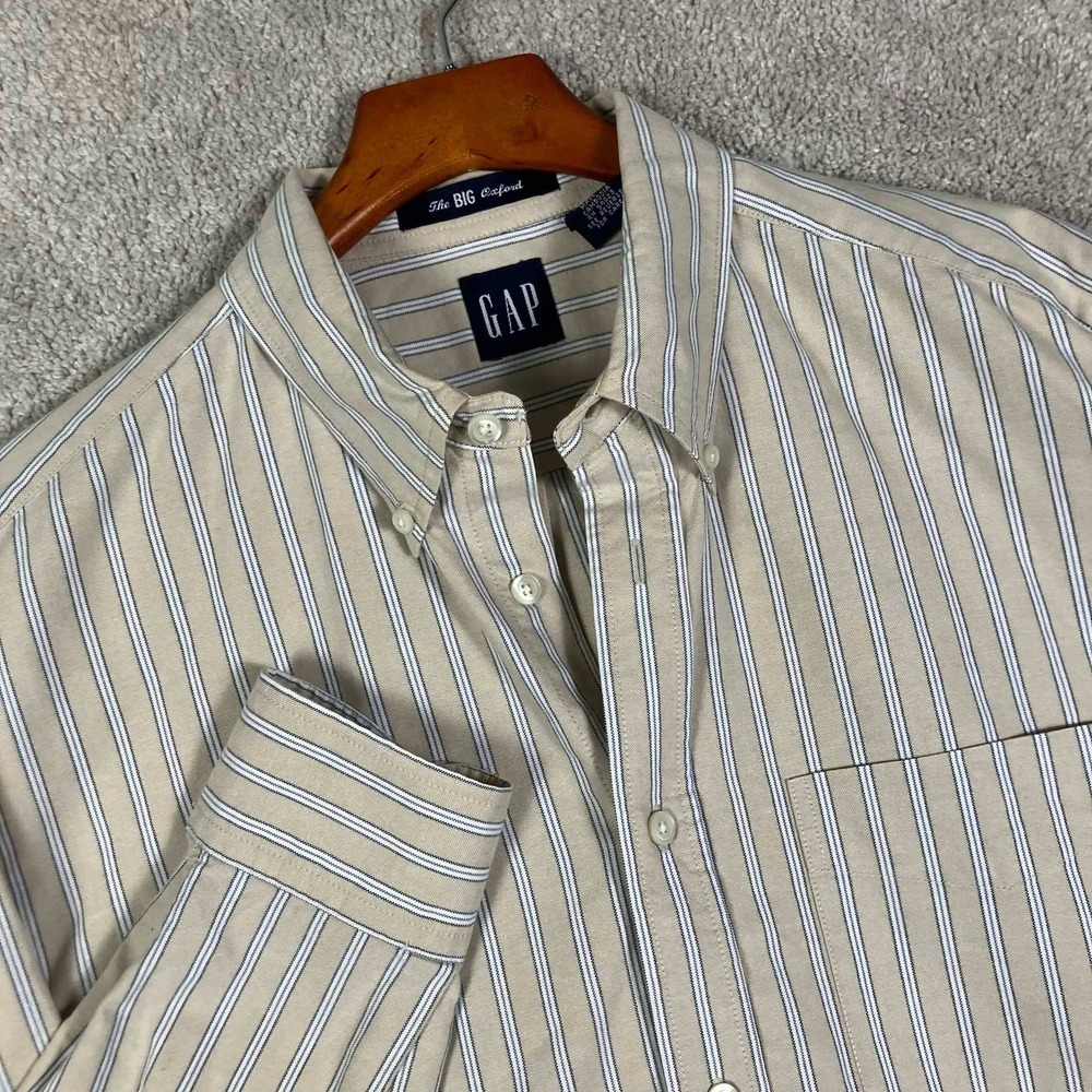 Vintage Gap The Big Oxford Shirt Mens M Beige Striped Long Sleeve Button Down